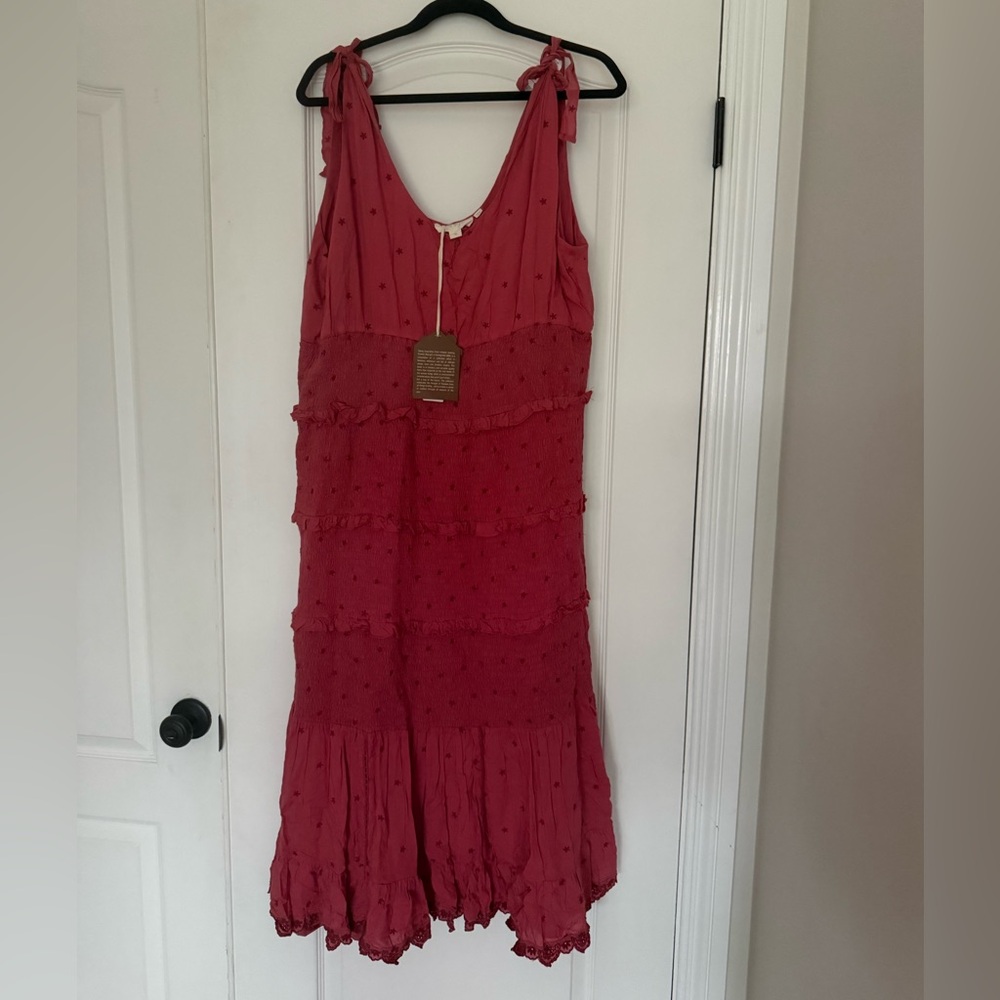 Anthropologie Forever That Girl Rose Tiered Embroidered Dress Tie Straps NWT